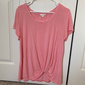Nine Britton Levie knot front knit top Coral striped short sleeve summer blouse